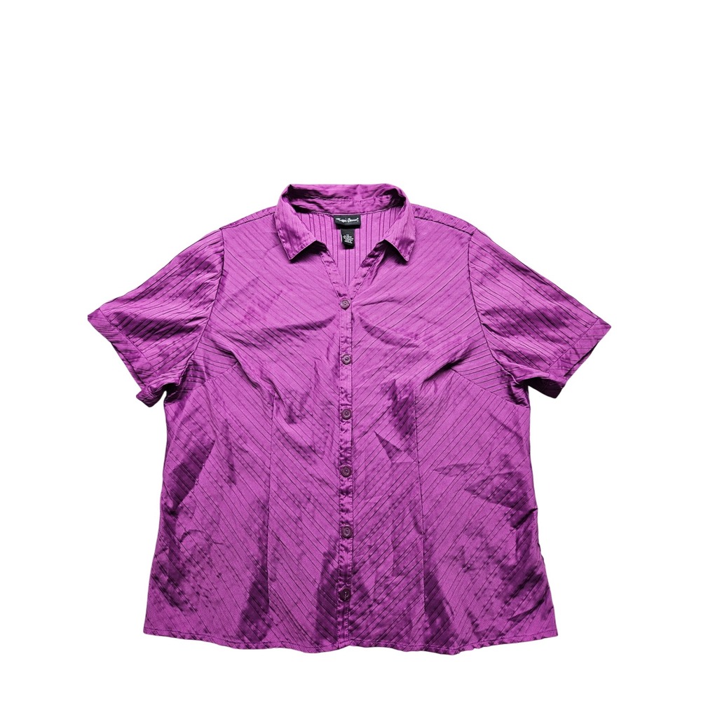 Maggie Barnes Purple Pleated Button Down Short Sleeve Blouse Plus Size 1X 18/20W